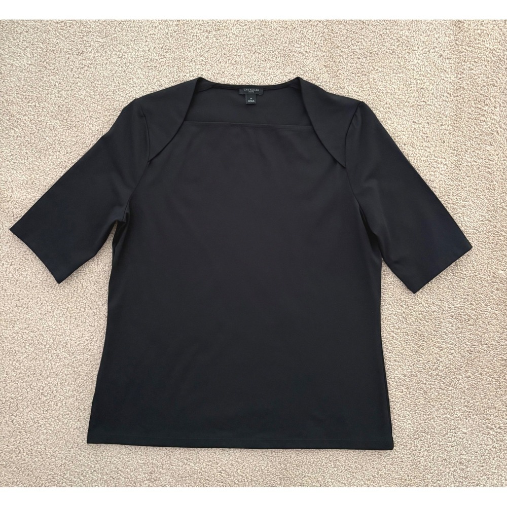 Ann Taylor Women Top Blouse LP Black Square Neck Elbow Sleeve Shoulder Detail